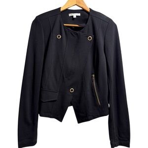 CAbi Black Ponte Knit Moto Zip/Snap front Jacket with Brushed Gold Accents Small